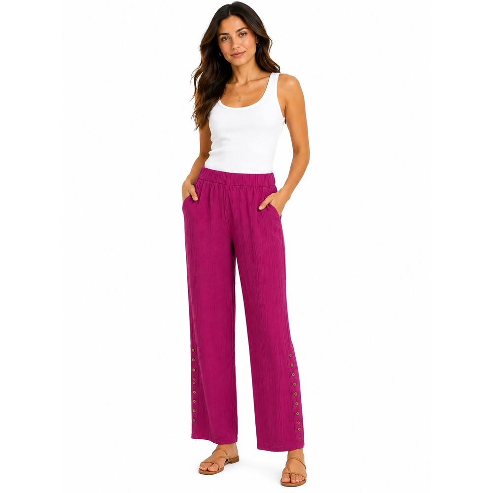 Soft‎ Surroundings Magenta Ramie Rayon Wide Leg Button Hem Pants 2EW35 Medium